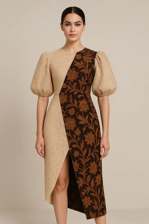Dress Batik Kombinasi Brokat Belah Samping (Foto: Reve Art AI)