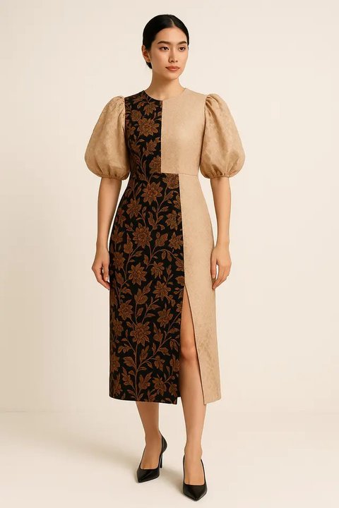 Dress Batik Kombinasi Brokat Belah Samping (Foto: Reve Art AI)