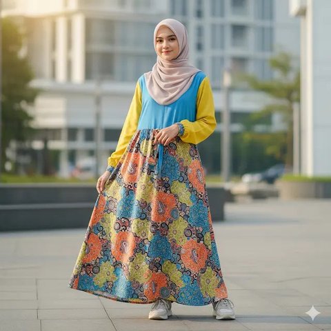 Gamis Batik Kombinasi Kain Polos  (Gemini)