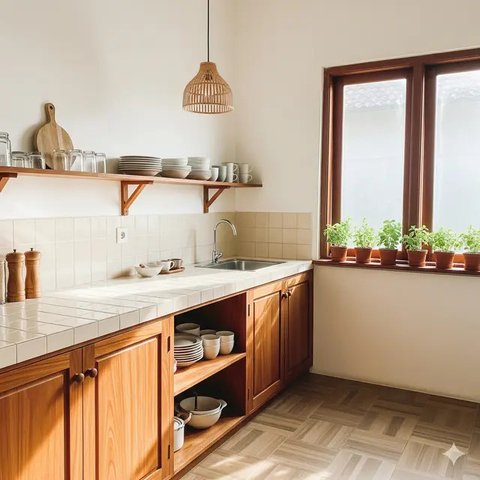 Dapur Rumah Minimalis Murah dengan Meja Keramik (Gemini)
