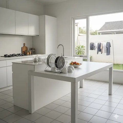 Dapur Rumah Minimalis Murah dengan Meja Keramik (Gemini)