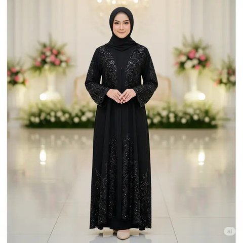 Abaya Hitam Elegan/Dress Panjang Elegan Kombinasi Pashmina Muslimah (Sumber: gemini.com)