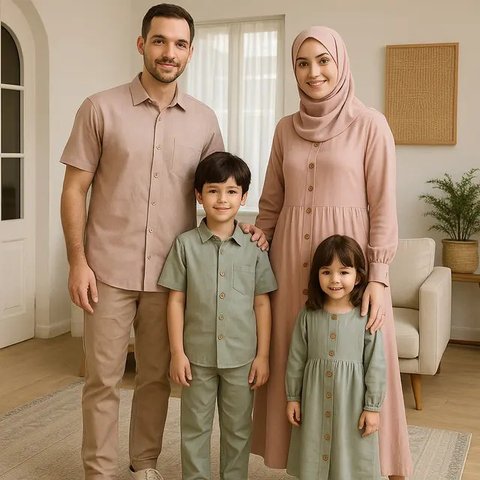 7 Ide Gamis Seragam Sekeluarga dengan 2 Anak, Kompak dan Elegan untuk Momen Spesial (sumber: AI)