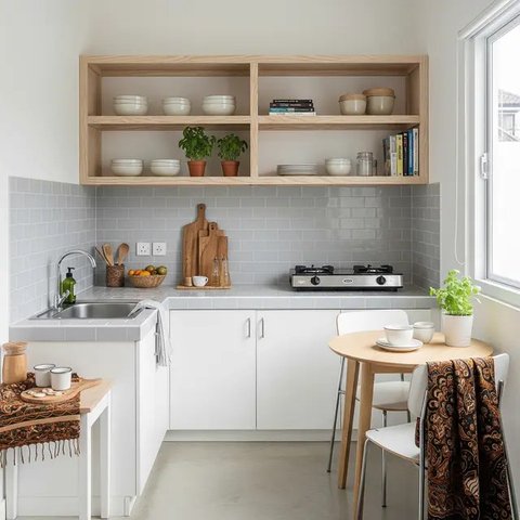 Model Dapur Skandinavia Kecil tapi Fungsional di Lahan Sempit. (Foto: Gemini AI)