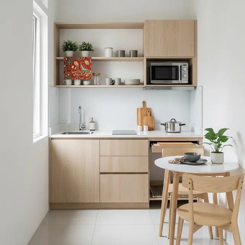 Model Dapur Skandinavia Kecil tapi Fungsional di Lahan Sempit. (Foto: Gemini AI)