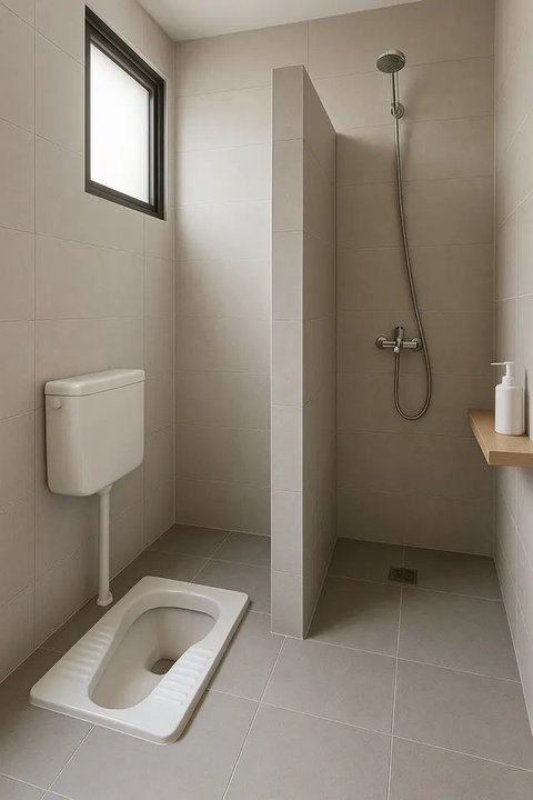 Desain Kamar Mandi Minimalis Kloset Jongkok Shower Nuansa Mewah.