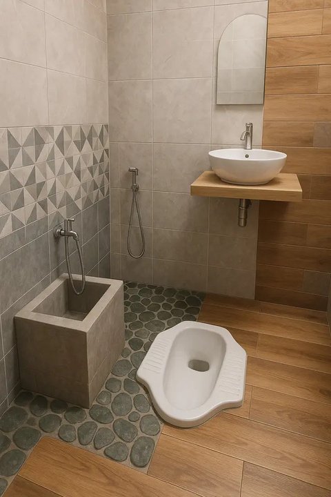 Desain Kamar Mandi Minimalis Kloset Jongkok Shower Nuansa Mewah.