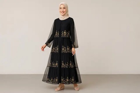 Model Gamis Hitam Kombinasi Bordir