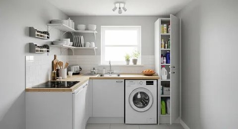 Desain ruangan dapur menyatu dengan ruang laundry. [Foto: Gemini]