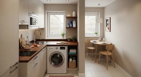 Desain ruangan dapur menyatu dengan ruang laundry. [Foto: Gemini]