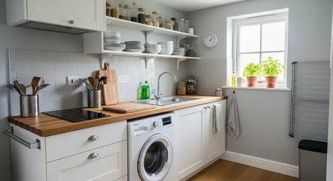 Desain ruangan dapur menyatu dengan ruang laundry. [Foto: Gemini]