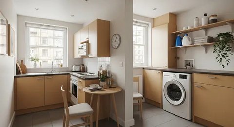 Desain ruangan dapur menyatu dengan ruang laundry. [Foto: Gemini]