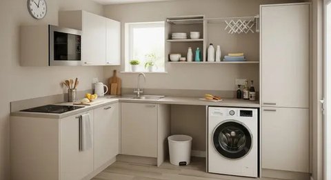 Desain ruangan dapur menyatu dengan ruang laundry. [Foto: Gemini]