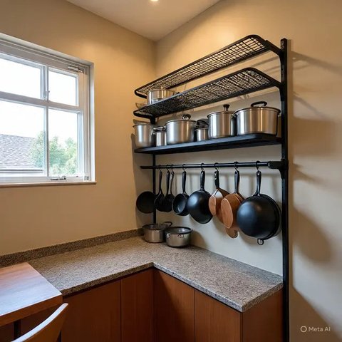 Dapur Rumah Lahan Sempit Pakai Rak Besi Multifungsi (AI)