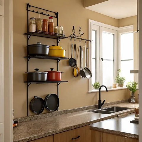 Dapur Rumah Lahan Sempit Pakai Rak Besi Multifungsi (AI)