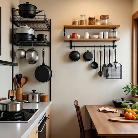 Dapur Rumah Lahan Sempit Pakai Rak Besi Multifungsi (AI)