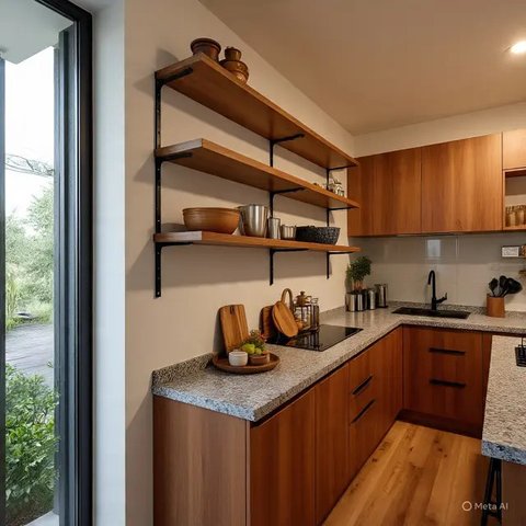 Dapur Rumah Lahan Sempit Pakai Rak Besi Multifungsi (AI)