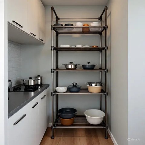 Dapur Rumah Lahan Sempit Pakai Rak Besi Multifungsi (AI)