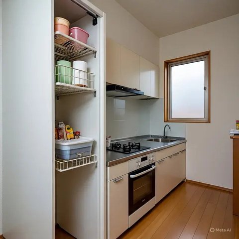 Dapur Rumah Lahan Sempit Pakai Rak Besi Multifungsi (AI)