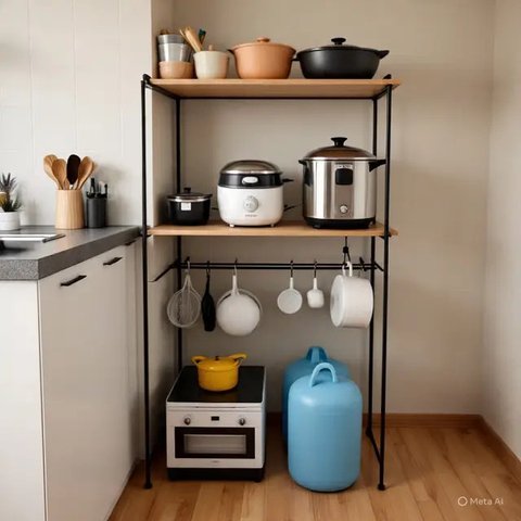 Dapur Rumah Lahan Sempit Pakai Rak Besi Multifungsi (AI)