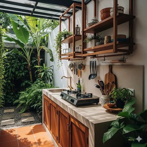 Inspirasi Dapur Outdoor Sederhana di Pekarangan Rumah Kecil Tren 2025. Foto: Gemini