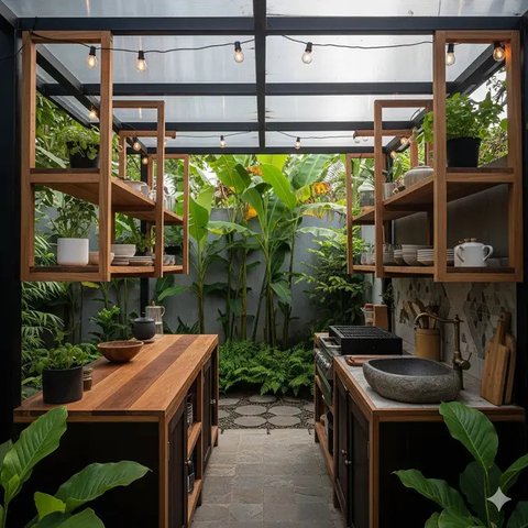 Inspirasi Dapur Outdoor Sederhana di Pekarangan Rumah Kecil Tren 2025. Foto: Gemini