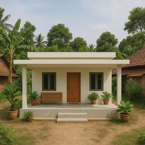 Gambar Rumah Sederhana Ukuran 6x9 di Kampung dengan Atap Datar/AI