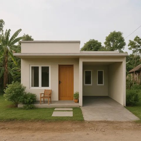 Gambar Rumah Sederhana Ukuran 6x9 di Kampung dengan Atap Datar/AI