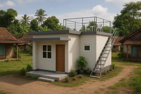 Gambar Rumah Sederhana Ukuran 6x9 di Kampung dengan Atap Datar/AI