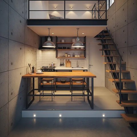 Ide Dapur Mezzanine di Rumah Mungil Hemat Biaya (AI)