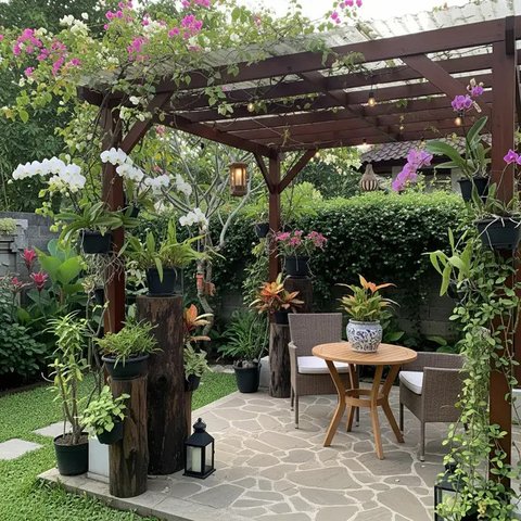 Teras Belakang Rumah dengan Tiang Tanaman Salur yang Instagramable 2025. (Foto: Gemini AI)