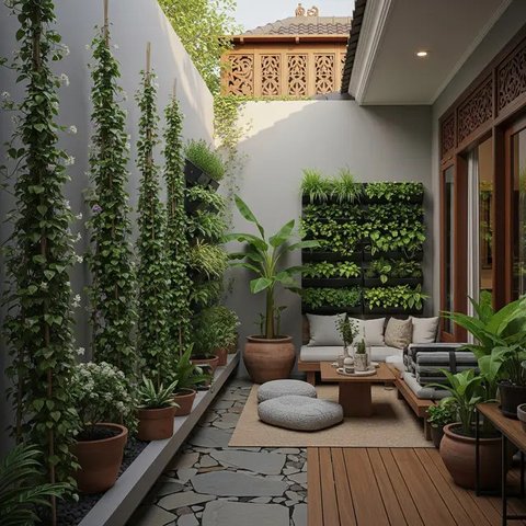 Teras Belakang Rumah dengan Tiang Tanaman Salur yang Instagramable 2025. (Foto: Gemini AI)