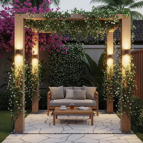 Teras Belakang Rumah dengan Tiang Tanaman Salur yang Instagramable 2025. (Foto: Gemini AI)