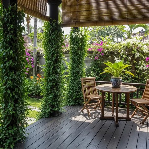 Teras Belakang Rumah dengan Tiang Tanaman Salur yang Instagramable 2025. (Foto: Gemini AI)