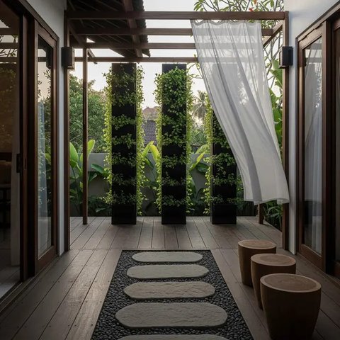 Teras Belakang Rumah dengan Tiang Tanaman Salur yang Instagramable 2025. (Foto: Gemini AI)