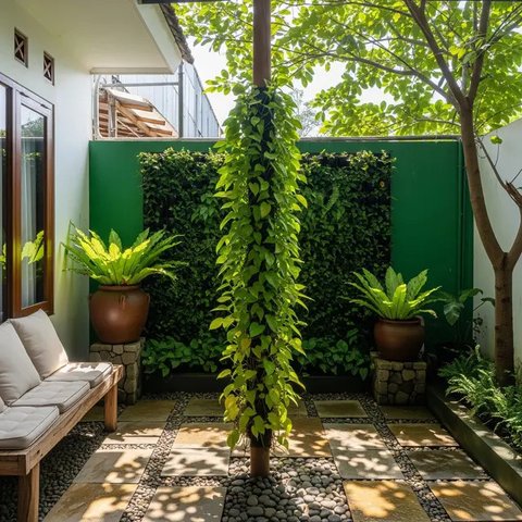 Teras Belakang Rumah dengan Tiang Tanaman Salur yang Instagramable 2025. (Foto: Gemini AI)