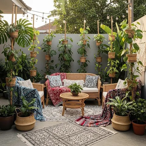 Teras Belakang Rumah dengan Tiang Tanaman Salur yang Instagramable 2025. (Foto: Gemini AI)