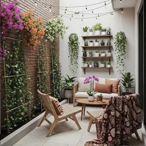 Teras Belakang Rumah dengan Tiang Tanaman Salur yang Instagramable 2025. (Foto: Gemini AI)