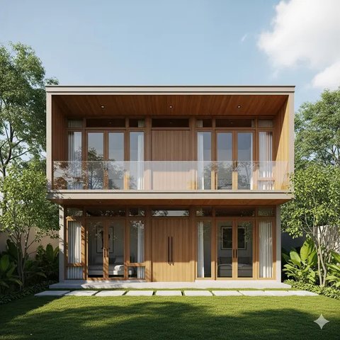 Inspirasi Rumah Kayu Minimalis Modern dengan Balkon Kaca. Gemini