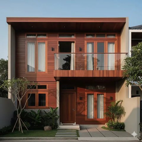Inspirasi Rumah Kayu Minimalis Modern dengan Balkon Kaca. Gemini