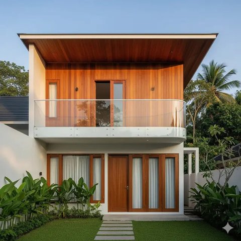 Inspirasi Rumah Kayu Minimalis Modern dengan Balkon Kaca. Gemini