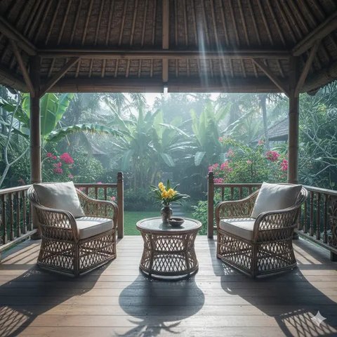 Desain Teras Rumah Tropis Bahan Bambu ala Vila Bali (Gemini)