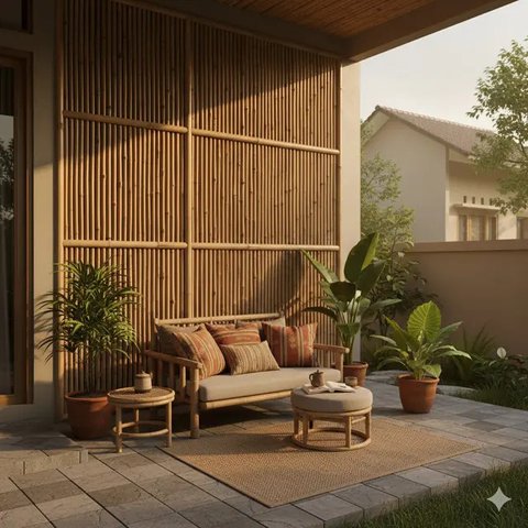 Desain Teras Rumah Tropis Bahan Bambu ala Vila Bali (Gemini)