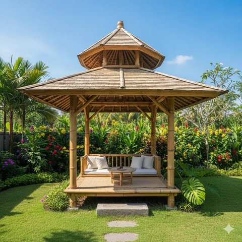 Desain Teras Rumah Tropis Bahan Bambu ala Vila Bali (Gemini)