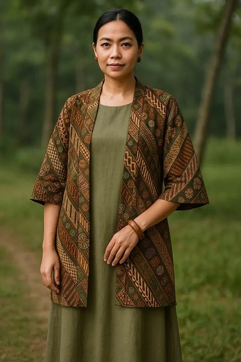 12 Model Outer Batik Panjang dengan Dress Polos untuk Kondangan Outdoor 2025, Elegan dan Nyaman Dipakai (foto: GeminiAI)