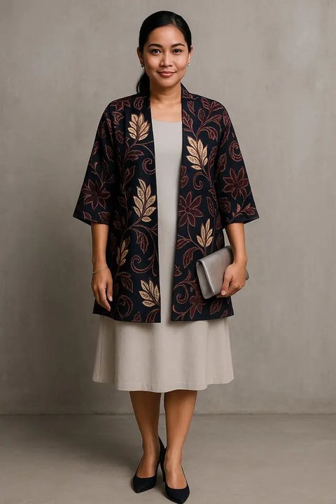 12 Model Outer Batik Panjang dengan Dress Polos untuk Kondangan Outdoor 2025, Elegan dan Nyaman Dipakai (foto: GeminiAI)