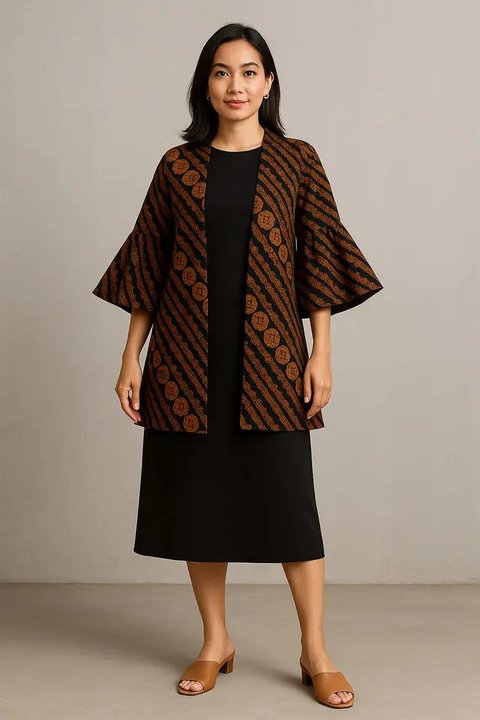 12 Model Outer Batik Panjang dengan Dress Polos untuk Kondangan Outdoor 2025, Elegan dan Nyaman Dipakai (foto: GeminiAI)