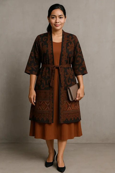 12 Model Outer Batik Panjang dengan Dress Polos untuk Kondangan Outdoor 2025, Elegan dan Nyaman Dipakai (foto: GeminiAI)