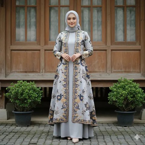 12 Model Outer Batik Panjang dengan Dress Polos untuk Kondangan Outdoor 2025, Elegan dan Nyaman Dipakai (foto: GeminiAI)