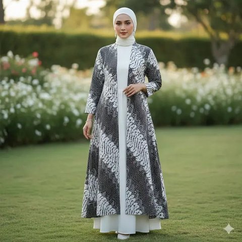 12 Model Outer Batik Panjang dengan Dress Polos untuk Kondangan Outdoor 2025, Elegan dan Nyaman Dipakai (foto: GeminiAI)